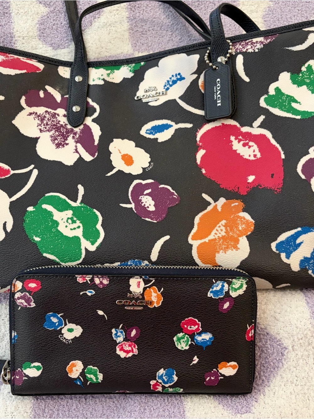 Coach Black Floral City Tote and Zip Around Wallet - Multicolor Bloom